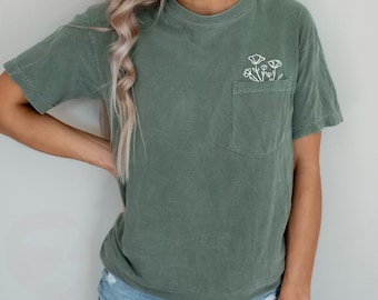 Wildflowers Front Pocket tshirt, Comfort Colors Floral Shirt, Flowers Shirt, Plant Lover Shirt, nature frocket
