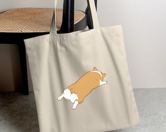 Splooting corgi canvas tote bag, cotton dog tote, farmers market bag, gifts for dog mom, cute eco-friendly bag, 12L canvas bag with handles