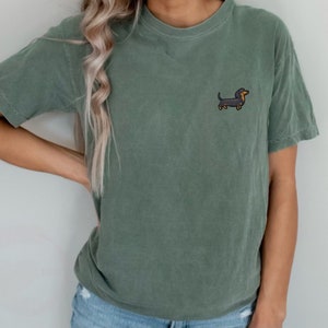 Dachshund Embroidered Patch Comfort Colors T-Shirt, Front Pocket T-Shirt, doxie frocket shirt, doxie tshirt, doxie mom, dog mom gifts