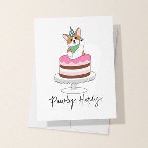 Carte d’anniversaire Corgi, carte Pawty Hardy, carte d’anniversaire de chien, chiot, joyeux anniversaire, cadeaux Corgi, Party Hardy, carte de chien, chien en gâteau