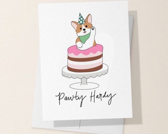 Corgi Birthday Card, Pawty Hardy Card, dog birthday card, puppy, happy birthday, Corgi Gifts, Party Hardy, dog card, dog in cake