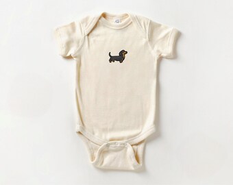 Dachshund Embroidered Patch Baby Onesie, Doxie infant bodysuit, baby boy, girl, unisex clothing, baby shower, pregnancy gift