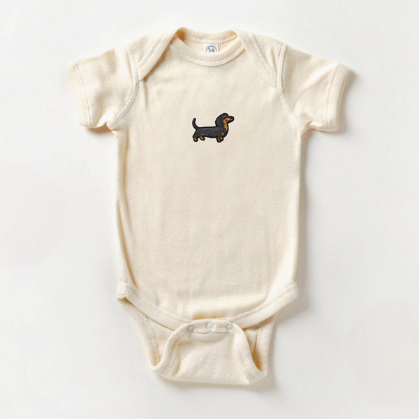 Dachshund Embroidered Patch Baby Onesie, Doxie infant bodysuit, baby boy, girl, unisex clothing, baby shower, pregnancy gift