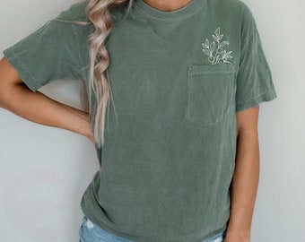 Olive Tree Branch Front Pocket tshirt, Comfort Colors Floral Shirt, wildflowers Shirt, Plant Lover Shirt, nature frocket