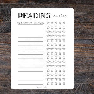 May include: A printable reading tracker with a list of books to read and a section for rating each book with stars. The text on the page reads "READING tracker" and "Things I Should Have Said - Kelsey  Mangrum".