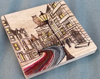 City Street, Hand Wood Burned Coasters, with Free Optional Personalization