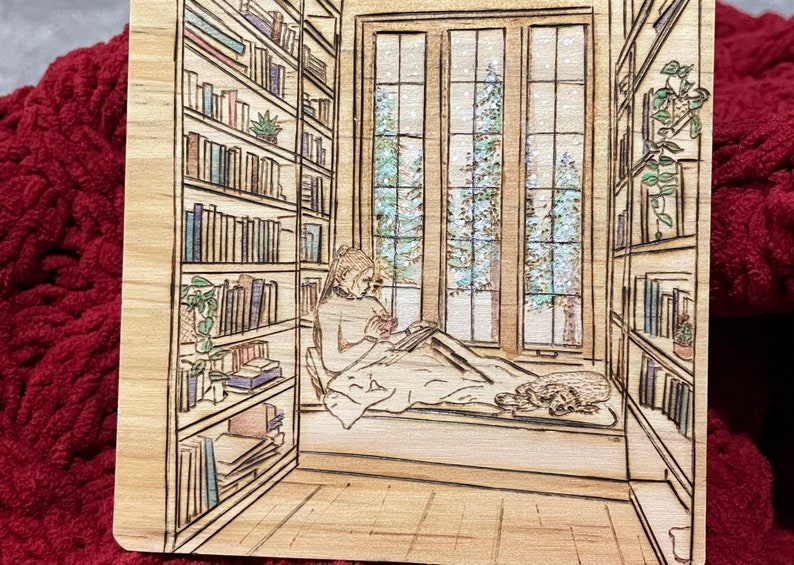 Reading Nook, Library, Hand Wood Burned Coasters image 4