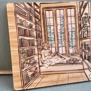 Reading Nook, Library, Hand Wood Burned Coasters image 1