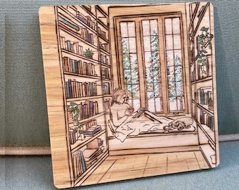 Reading Nook, Library, Hand Wood Burned Coasters