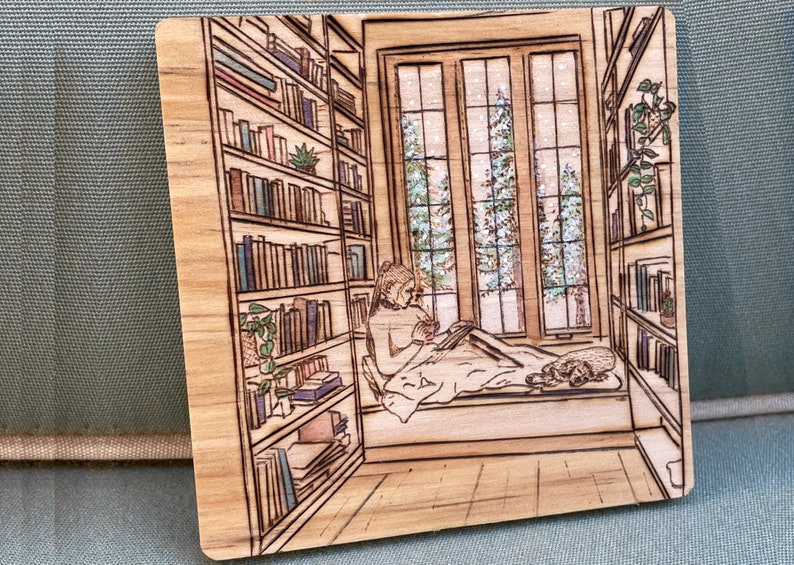 Reading Nook, Library, Hand Wood Burned Coasters image 1