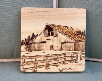 Rustic Barn, Hand Wood Burned Farmhouse Coasters