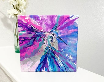 Pink Hummingbird Drip Painting Canvas Art | Modern Abstract Art | Nature-Inspired Wall Decor