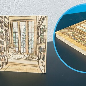 Reading Nook, Library, Hand Wood Burned Coasters image 3