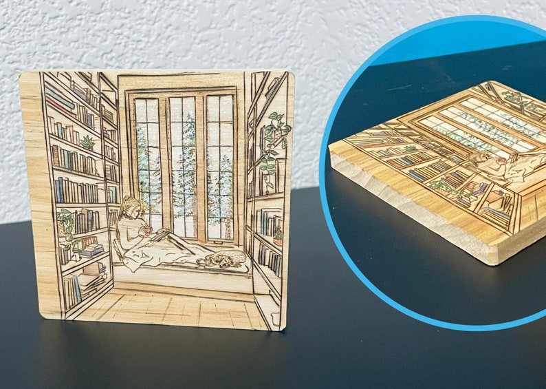 Reading Nook, Library, Hand Wood Burned Coasters image 3
