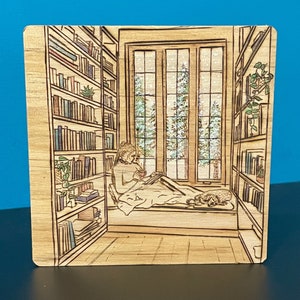 Reading Nook, Library, Hand Wood Burned Coasters image 2