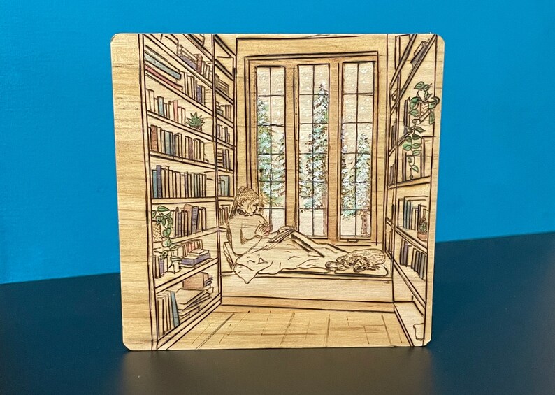 Reading Nook, Library, Hand Wood Burned Coasters image 2