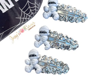 Agrafe momie à paillettes • Agrafe momie blanche à paillettes • Agrafe momie à paillettes argentées • Agrafe momie • Agrafe Halloween