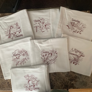 Days of the Week, Backyard Birds , Machine Embroidered Flour Sack Dish Towel