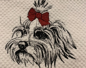 Maltese with Bow,  Embroidered Kitchen Towel