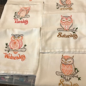 Orange Owls, Days of the Week, Machine Embroidered Flour Sack Dish Towel