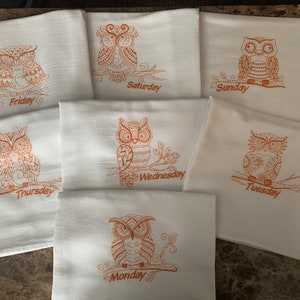 Days of the Week Owls , Machine Embroidered Flour Sack Dish Towel