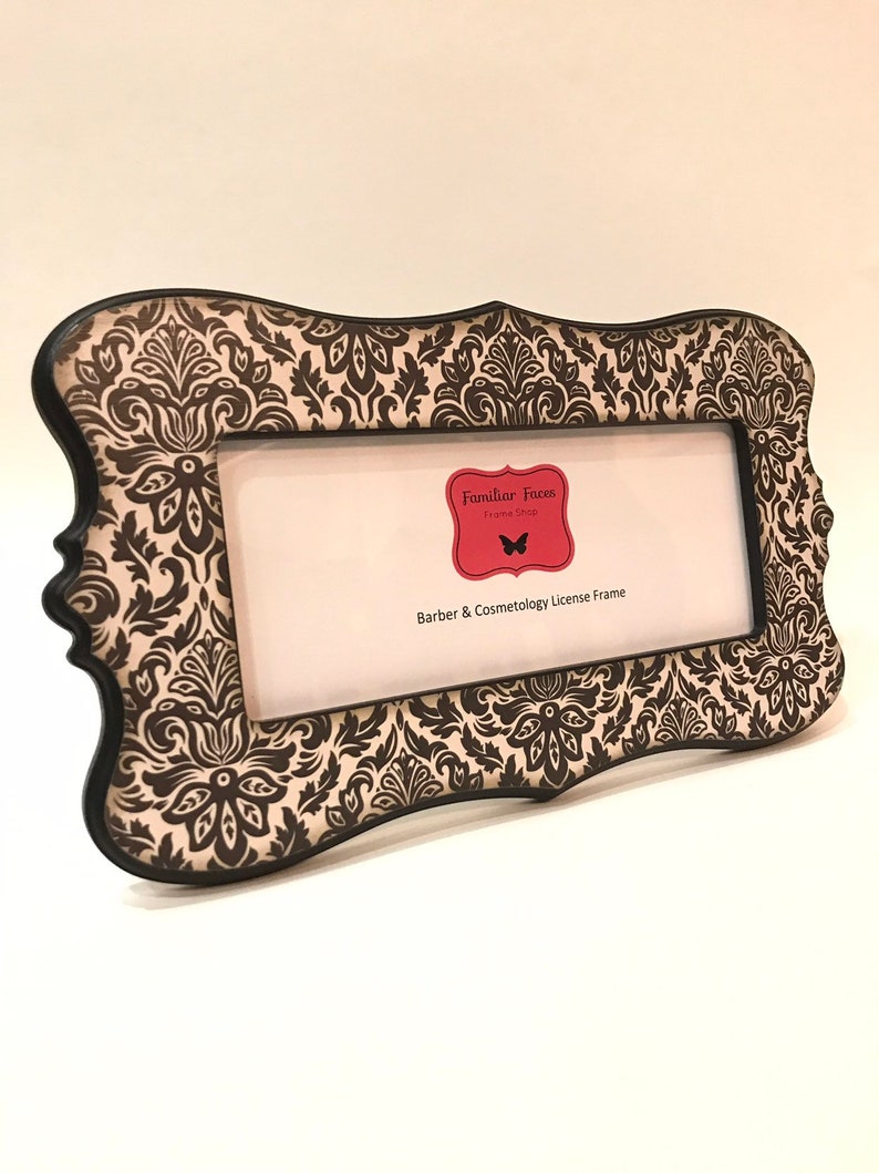 Barber /& Cosmetology license frame in black and off white distressed damask fits 8 12x 3 58 business certification