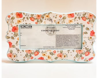 Barber & Cosmetology License Frame fits 8 1/2 x 3 5/8" business certification light blue pink floral print