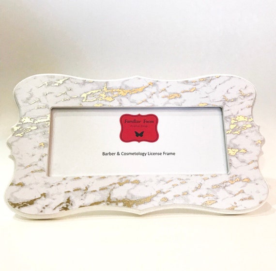 Barber & Cosmetology License Frame in white and gold foil marble print fits 8 1/2 x 3 5/8" business Certificate