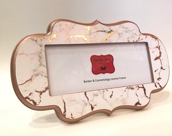 Barber & Cosmetology License Frame in white pink gray and rose gold foil marble print fits 8 1/2 x 3 5/8" business Certificate