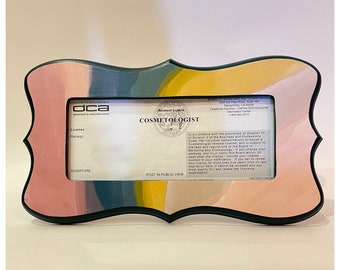 Barber & Cosmetology Business License Picture Frame in dark teal with boho multi color print fits  8 1/2" x 3 5/8" business certification