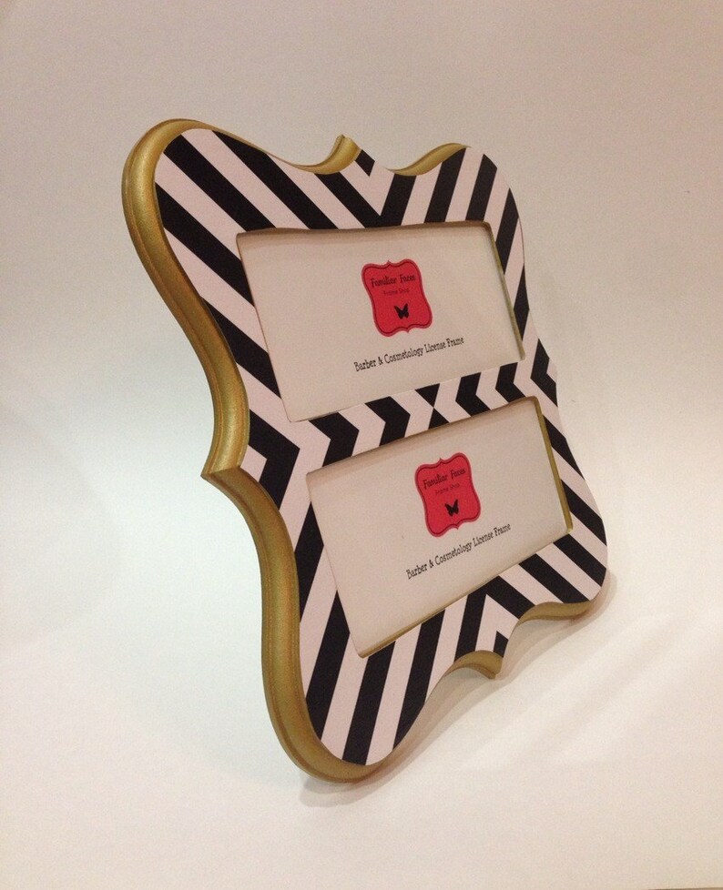 Double Barber /& Cosmetology License Frame black and white stripes with gold metallic trim fits 2-8 12 x 3 58 business certifications