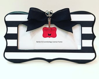 Barber & Cosmetology License Frame black  white stripes with black bow and silver scissors fits 8 1/2" x 3 5/8" business certificate
