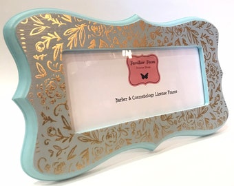 Barber & Cosmetology License Frame robins egg blue with Gold Foil floral print fits 8 1/2x 3 5/8" business certification