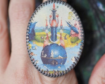 Hieronymus Bosch Garden of Earthly Delights Art Sterling Silver Handmade Pink Opal Marquis de Sade Quote Etched Bird Art Ring Size 8 or 8.5