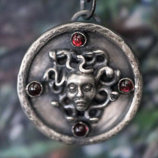 Sterling Silver Goth Romantic Renaissance Greek Medusa Mythology Snake Necklace Pendant with Red Garnets