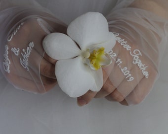 Fingerless gloves with embroidered text Custom gloves with the wedding date Tulle Sleeves