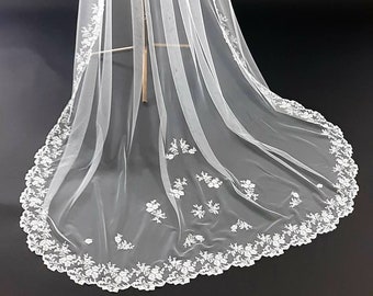 Wedding veil with blusher Embroidered Wedding Veil Soft Cathedral Bridal Veil with Blusher Custom Wedding veil Drop Wedding veil