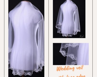 Wedding Veil with blusher Bridal veil lace edge and beads Wedding Veil Fingertip Wedding veil elbow