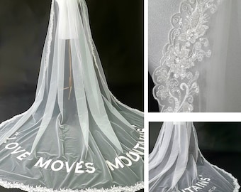 Custom wedding veil with embroidered text and lace edge