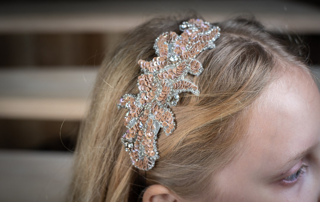 Serre-tête Fille Perles Et Ruban Doré - Couronne De Fleurs Pour Communion, Mariage, Baptême - Accessoire Cheveux Réglable - 8