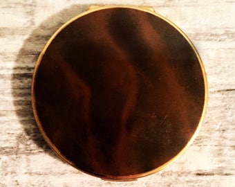 Vintage Stratton Compact Enamel Brown Marble, Ladies Powder Compact Mirror with Powder, Round Gold-tone Pocket Mirror Case, Made in England