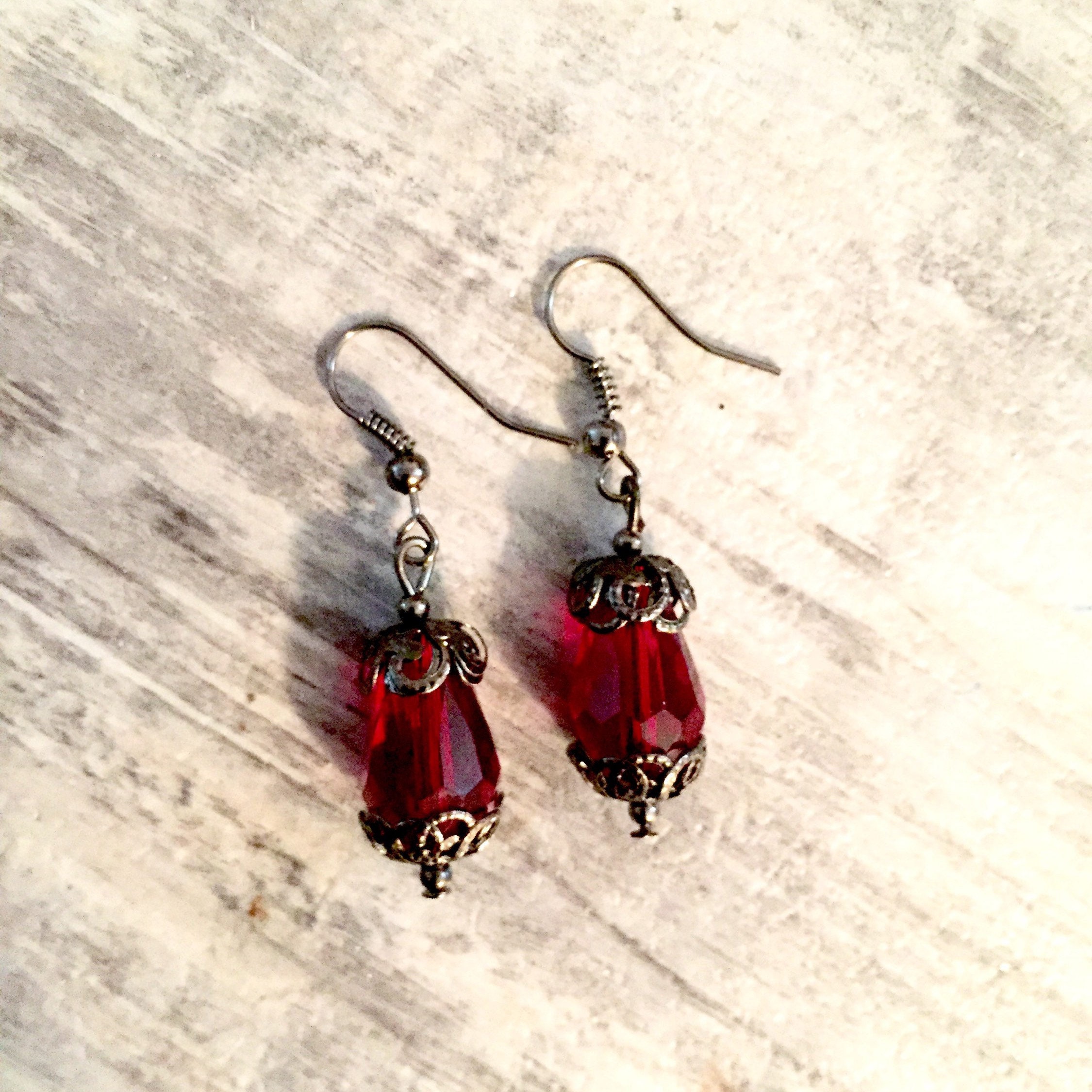 Ox Blood Red Drop Earrings Valentine Jewelry Dark Silver