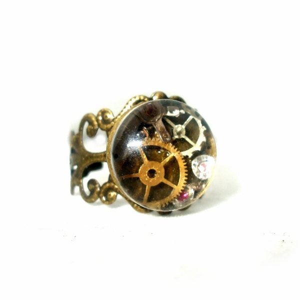 Steampunk Ring, Cogs and Gears Ring, Steampunk Jewelry, Glass Dome,  Antique Bronze, Adjustable, Bronze Filigree