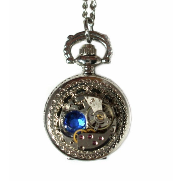 Pocket Watch Necklace with Vintage Watch Movement, Blue Sapphire Rhinestone, Silver Pocketwatch