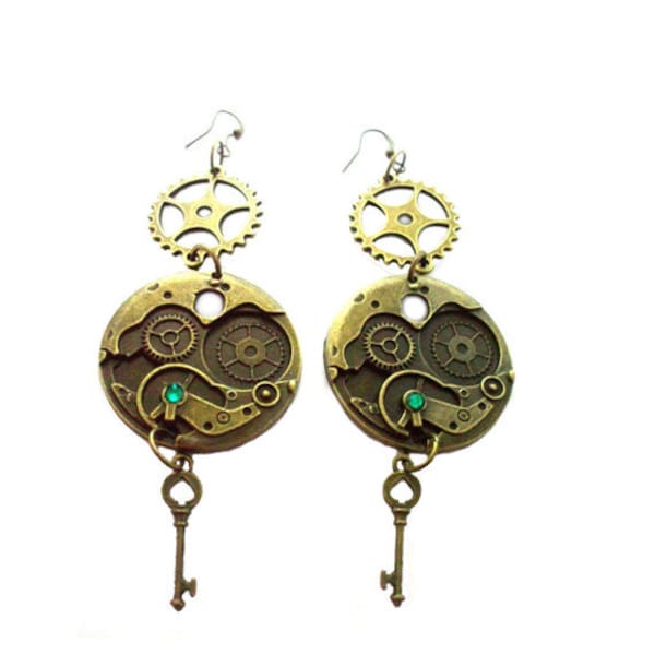 Steampunk Earrings, Clockwork Gears, Mechanical Earrings, Green Rhinestones, Antique Bronze, Skeleton Keys, Neo-Victorian, Gifts Under 30