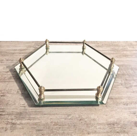Vintage Hexagon Mirrored Vanity Tray Glass And Brass Dresser Image 0