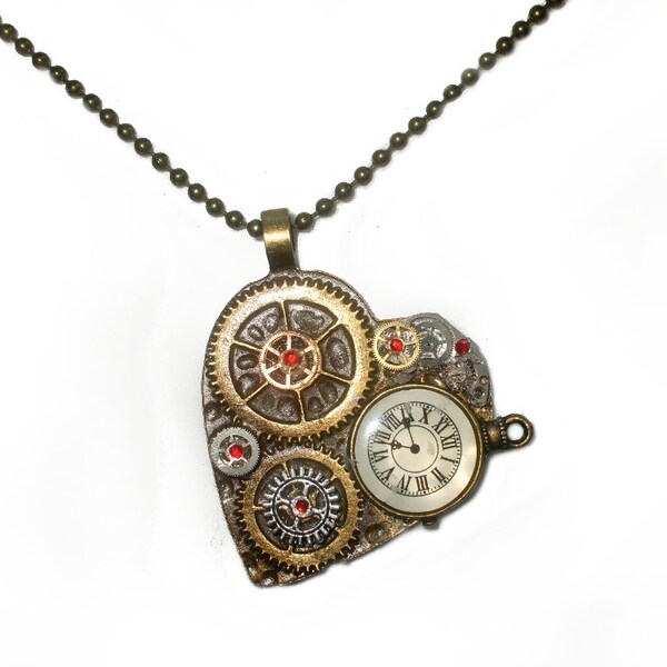 Steampunk Heart Clockwork Pendant, Gears and Cogs, Steam Punk Jewelry, Red Rhinestones, Mixed Metals, Antique Bronze, Steampunk Necklace