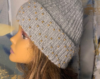 Bead-Embellished Beanie hand knitted alpaca winter hat warm winter beanie with bead cuffed