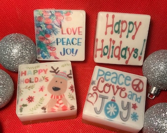 set of 4 bar soaps with holiday/christmas images on front, bar soap gift set, holiday soap gift set