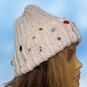 Handmade Knitted Hat with Folded Brim rhinestone jewels stone attached alpaca wool knitted winter hat woman image 2